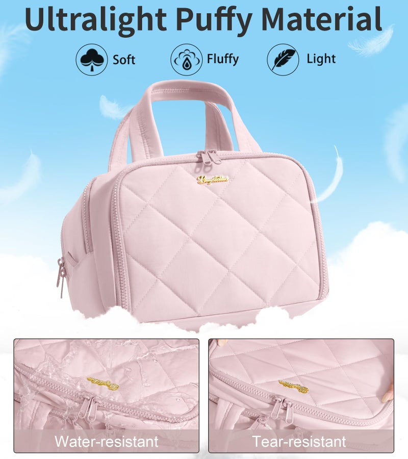 Bagstellar Travel Toiletry Bag, Large Wide-open Puffy Toiletry Bag for Women, Lightweight Quilted Makeup Bag Cosmetic Organizer with Handle Water-resistant Travel Essentials for Toiletries Accessories Light Pink - Image 4