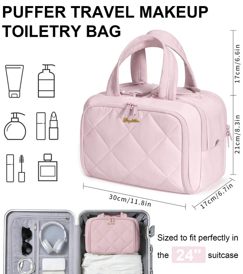 Bagstellar Travel Toiletry Bag, Large Wide-open Puffy Toiletry Bag for Women, Lightweight Quilted Makeup Bag Cosmetic Organizer with Handle Water-resistant Travel Essentials for Toiletries Accessories Light Pink - Image 2