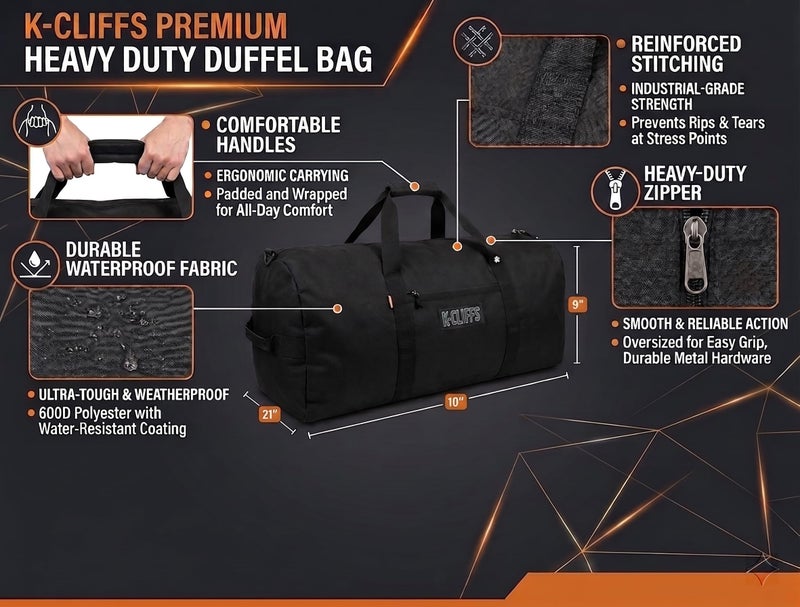 K-Cliffs Heavy Duty Cargo Duffel Large Sport Gear Drum Set Equipment Hardware Travel Bag Rooftop Rack Bag (21" x 10" x 9", Black) - Image 5