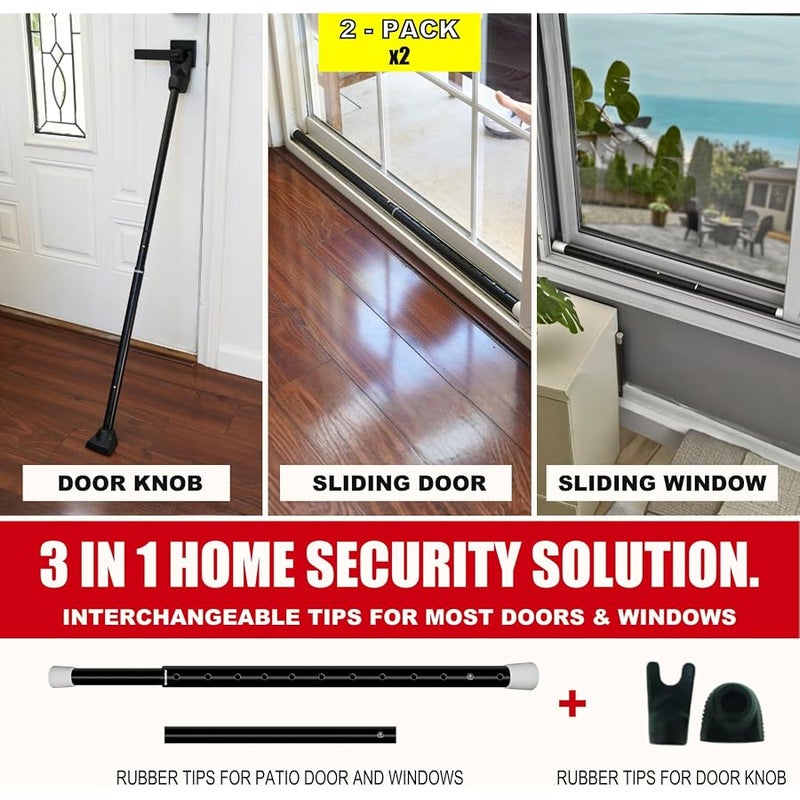 Securityman 2-in-1 Door Security Bar & Sliding Patio Door Security Bar (2 Pack) via Interchangeable Caps - Constructed of High Grade Iron - Black - Image 2