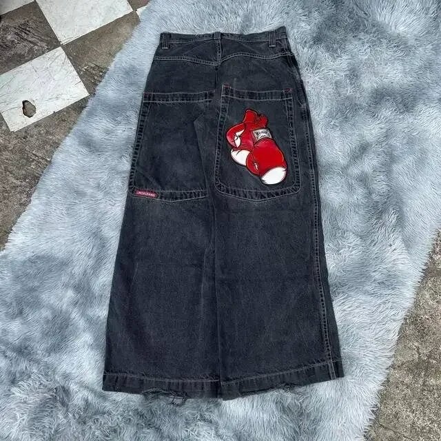 Cross-border E-commerce Loose Jeans Hip-hop Rock Print 2024 New Fashion Harajuku Loose Wide Leg Jeans Trendy Nzk102 black 