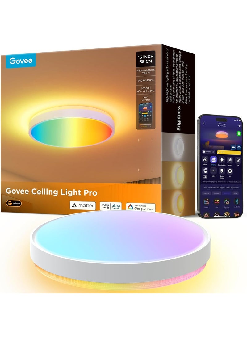 Govee RGBIC LED Ceiling Light, 38 cm Smart Ceiling Lamp, 4300 lm Dimmable LED Ceiling Light, 48.5 W, Work with Matter, Google Assistant, Interior Light for Living Room, Bedroom, Kitchen