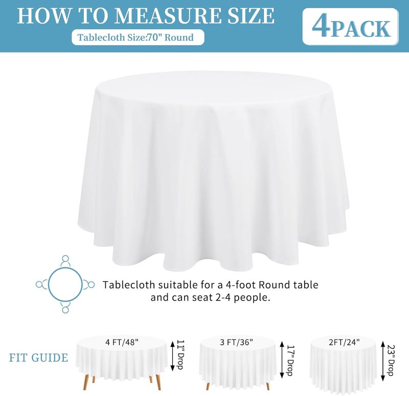 FXKS 4 Packs White Round Table Cloth 70 Inch Circular Table Cloth, Stain and Resistant Washable Polyester Round Tablecloth Table Cover for Wedding Parties Banquet Reception Gift Table - Image 3