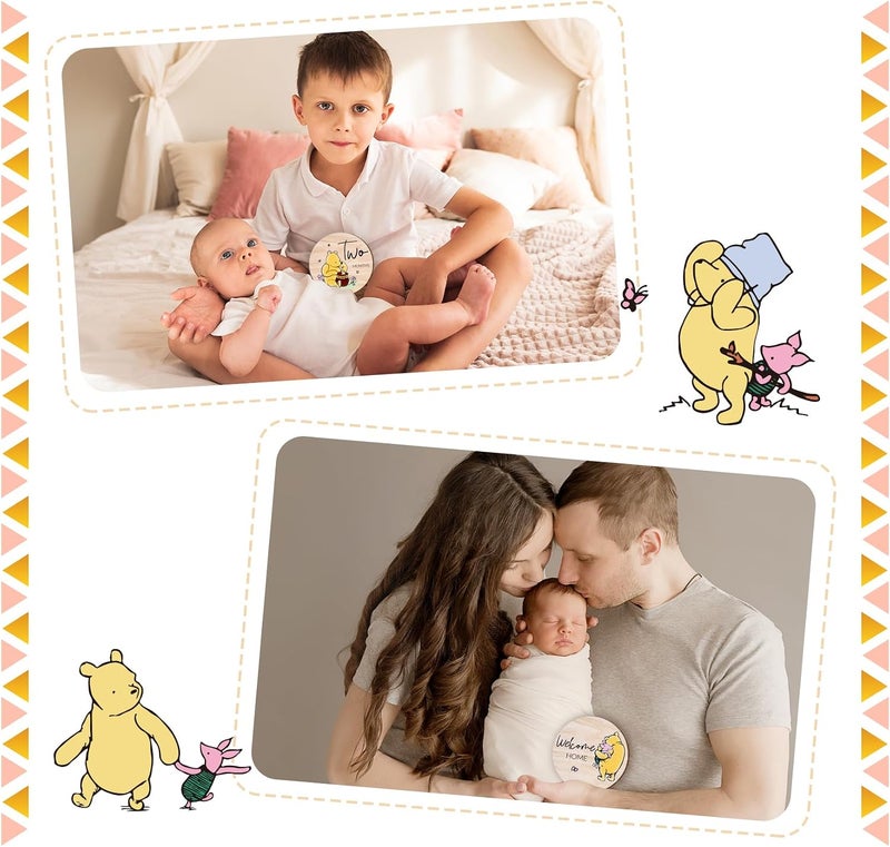 Al Raied ARS® Winnie Baby Milestone Cards - 8Pcs Wooden Discs for Baby Photo Prop with Announcement & Hello World Sign - Image 4