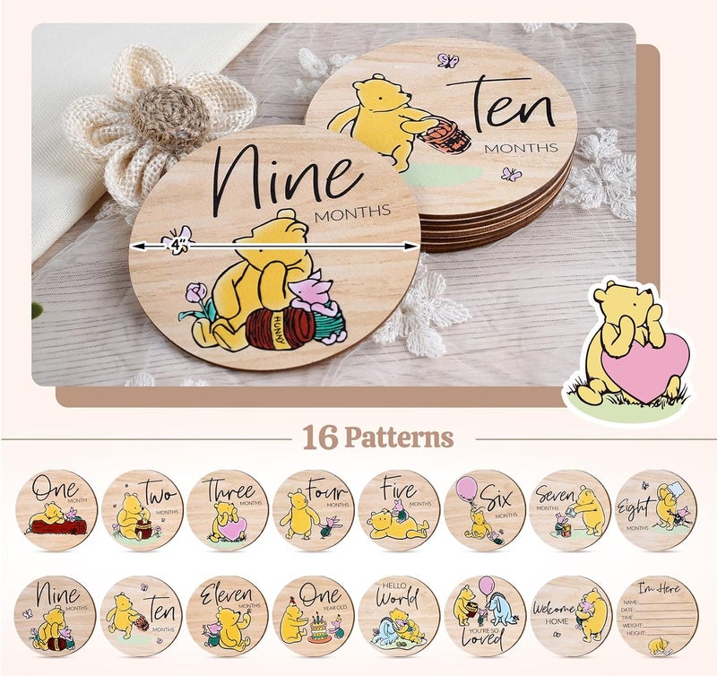 Al Raied ARS® Winnie Baby Milestone Cards - 8Pcs Wooden Discs for Baby Photo Prop with Announcement & Hello World Sign - Image 3