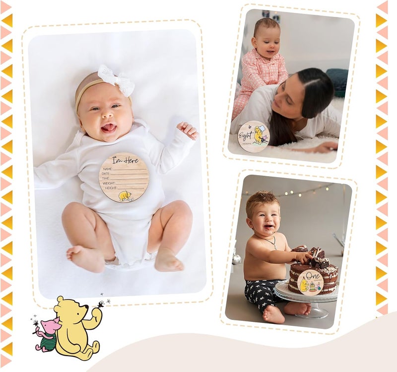 Al Raied ARS® Winnie Baby Milestone Cards - 8Pcs Wooden Discs for Baby Photo Prop with Announcement & Hello World Sign - Image 5