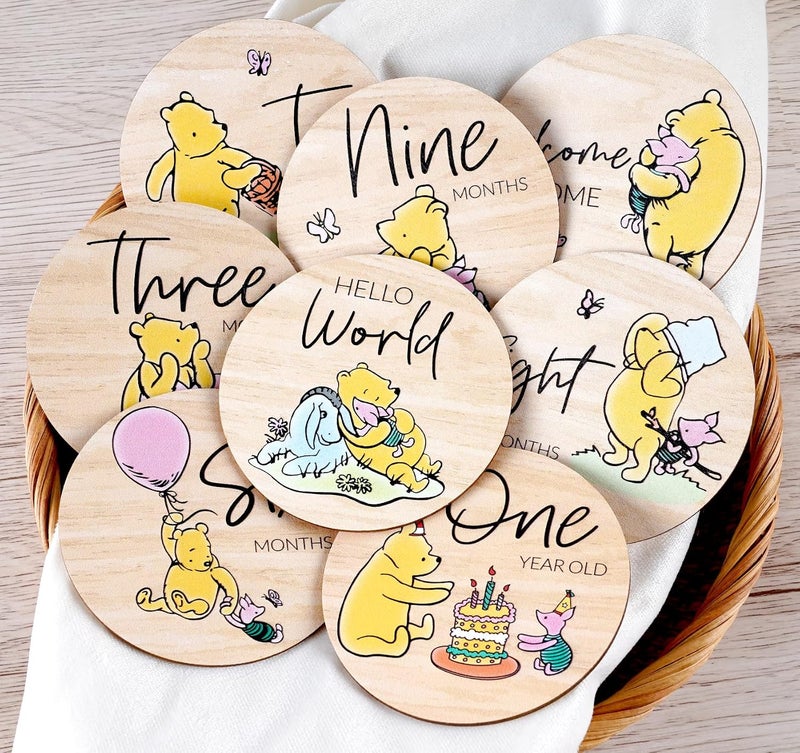 Al Raied ARS® Winnie Baby Milestone Cards - 8Pcs Wooden Discs for Baby Photo Prop with Announcement & Hello World Sign - Image 1