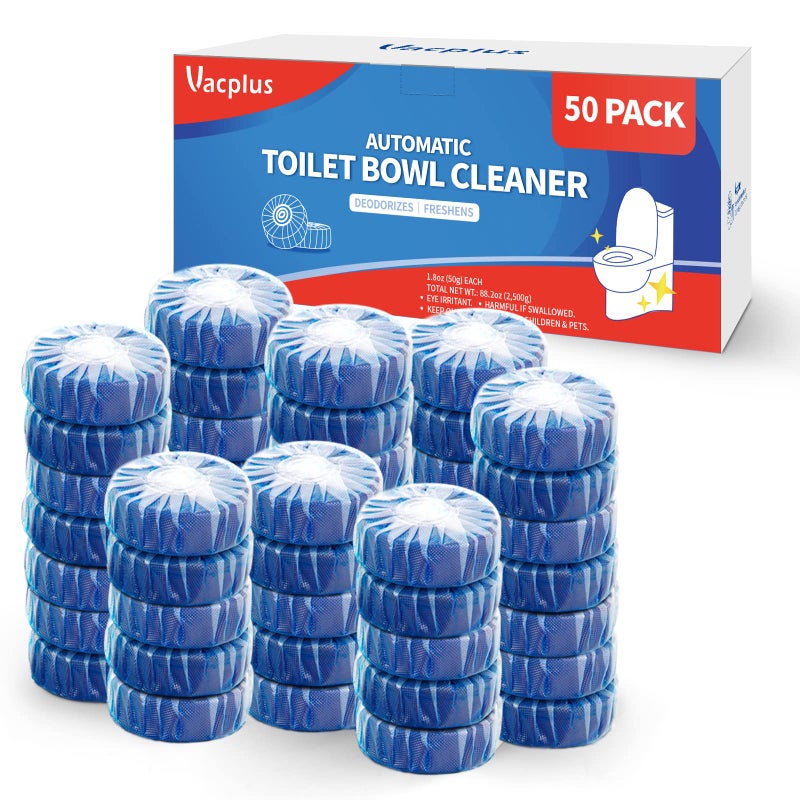 Vacplus Automatic Toilet Bowl Cleaner Tablets, Drop-In Tank Cleaner for Bathroom, Prevent Stains & Deodorize, Long-Lasting Cleaning Tabs, Easy-Use Freshener for Bowl & Tank, 50 Pack - Image 1