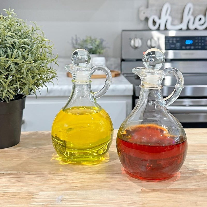 Cornucopia Brands Glass Oil and Vinegar Cruets (Set of 2); 8oz Round Oil Dispensers / Salad Dressing Bottles with Stoppers - Image 5