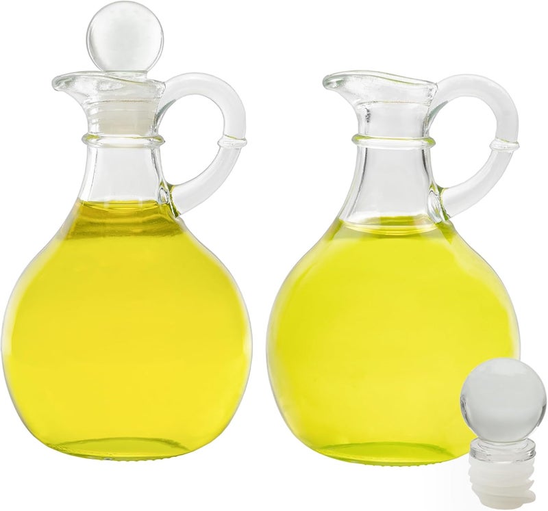 Cornucopia Brands Glass Oil and Vinegar Cruets (Set of 2); 8oz Round Oil Dispensers / Salad Dressing Bottles with Stoppers - Image 1