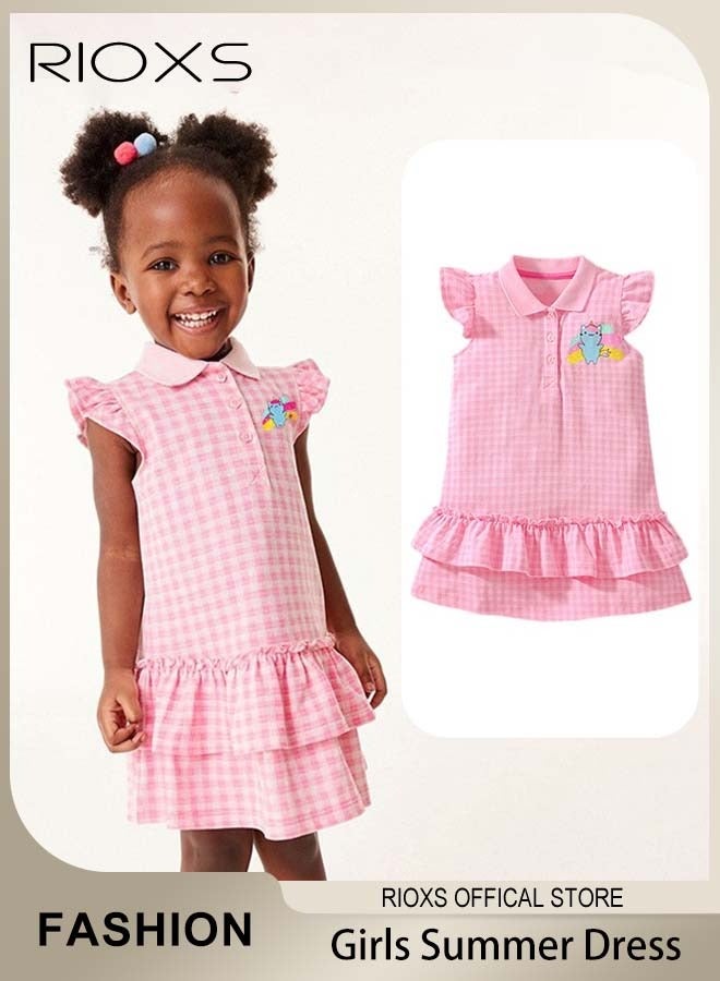 RIOXS Girls Stylish A-line Dress, Button Up Ruffle Sleeve Dress with Adorable Patterns, Wonderful Summer Dresses for Girls, Comfortable to Wear, Suitable for Daily Wear, Vacation and Other Occasions, Great Gift Choice for Girls  - Image 1