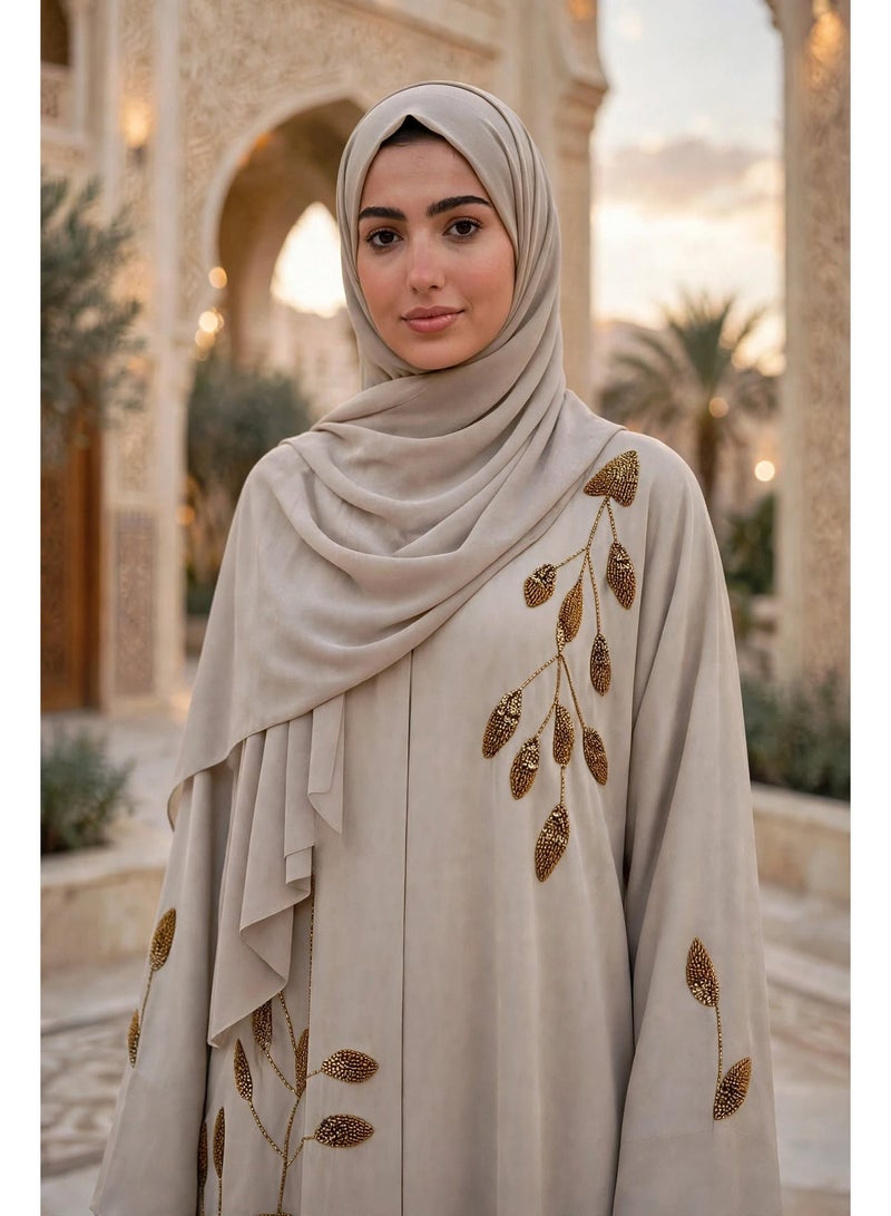 IKKXA Leaf Embroidered Front Open Abaya with Beaded Branch Accents - Image 2