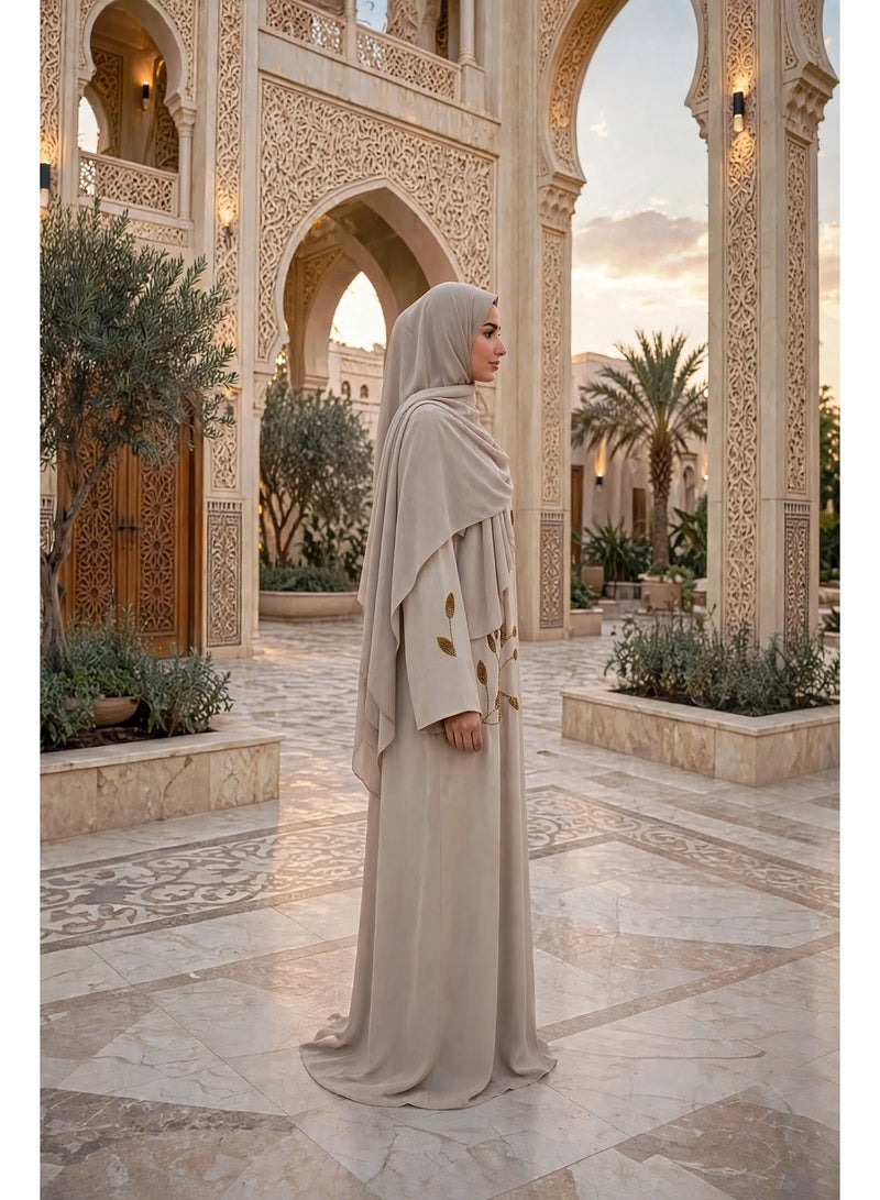 IKKXA Leaf Embroidered Front Open Abaya with Beaded Branch Accents - Image 3