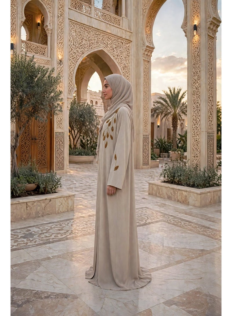 IKKXA Leaf Embroidered Front Open Abaya with Beaded Branch Accents - Image 4