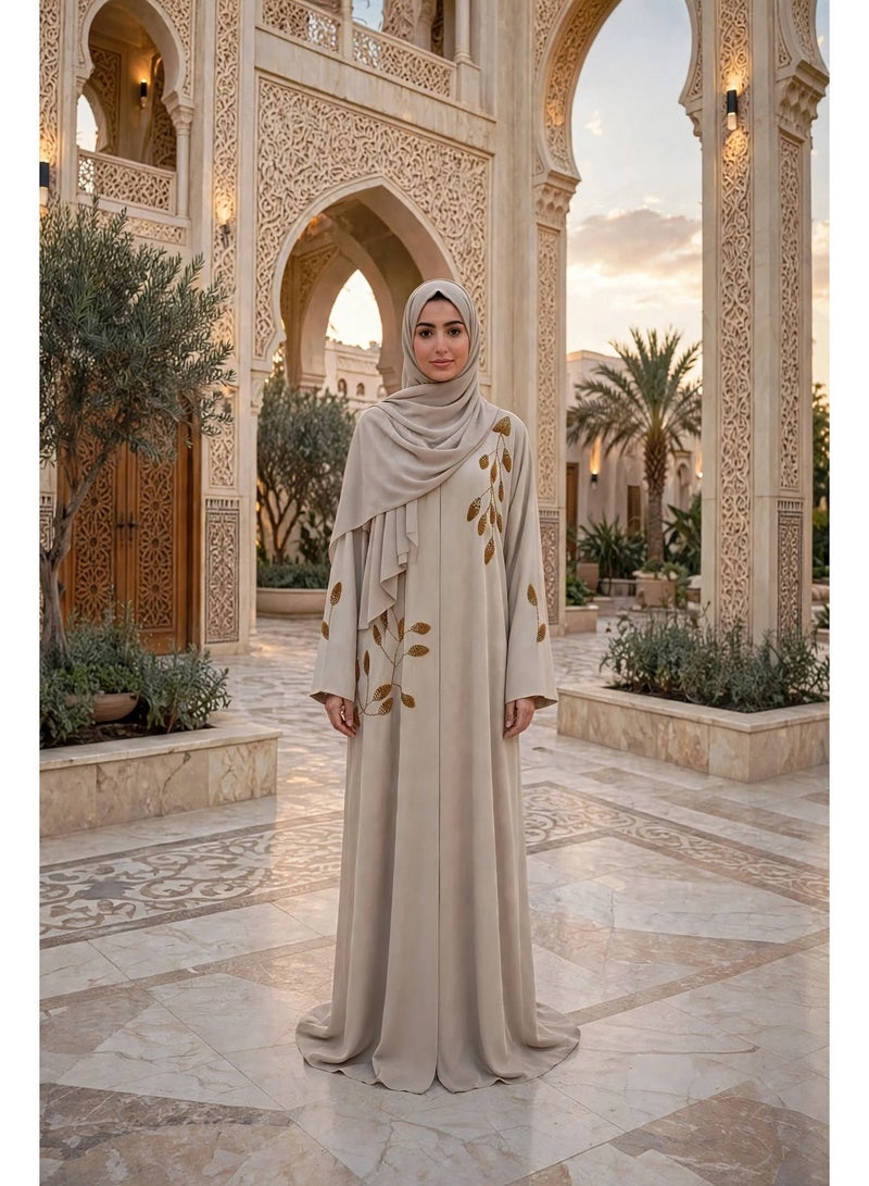 IKKXA Leaf Embroidered Front Open Abaya with Beaded Branch Accents - Image 1