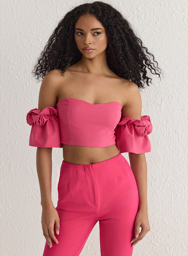 trendyol Pink Rose Detail Crop Woven Bustier - Image 2