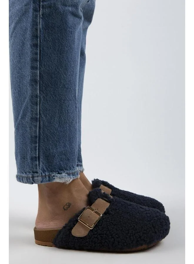 Suzen Teddy Women's Textile Fur-Lined Genuine Leather Belted Buckle Navy Blue-Sand Slippers - Navy blue
