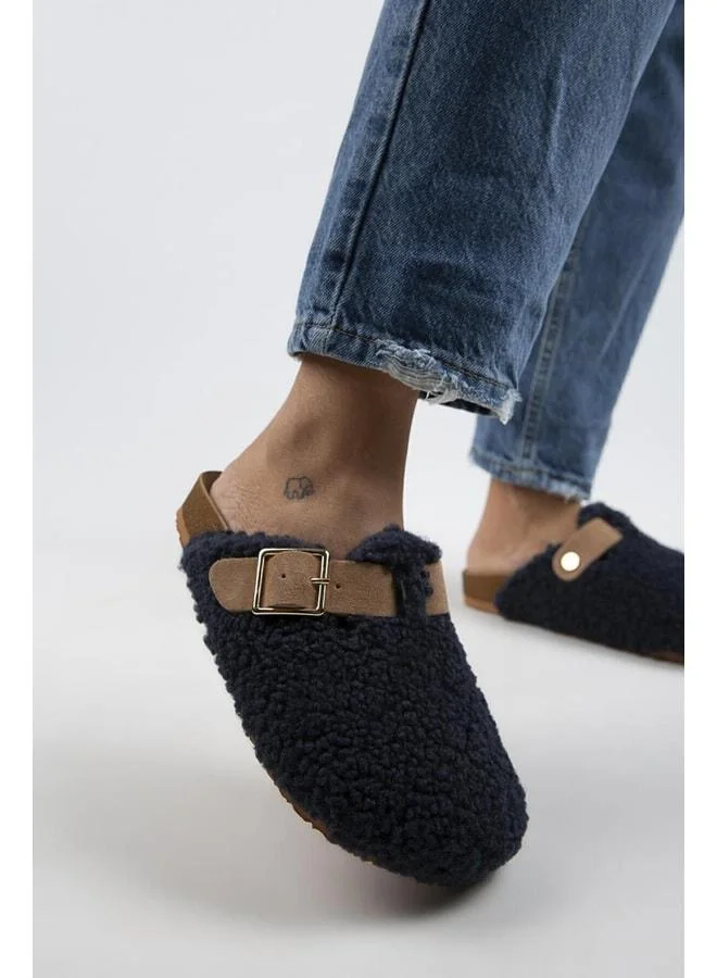 Manijero  Suzen Teddy Women's Textile Fur-Lined Genuine Leather Belted Buckle Navy Blue-Sand Slippers - Navy blue for Women | Best Price UAE