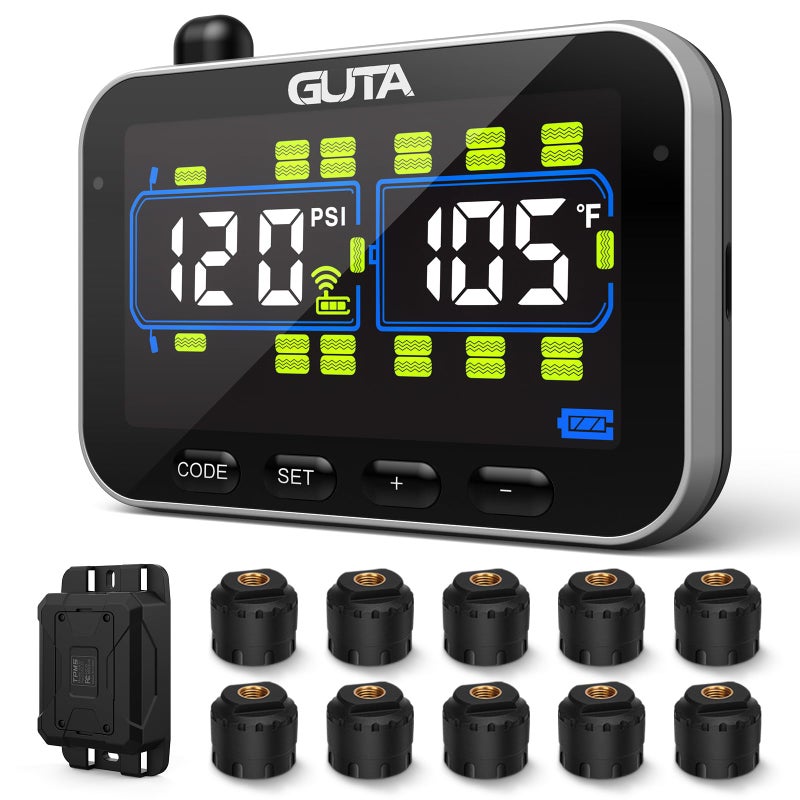 GUTA Trailer Tire Pressure Monitoring System RV Tire Pressure Monitor with 10 Sensors 6 Alert Modes Signal Booster Large Color Display Long Sensing Distance 0188PSI TPMS for RV Trailer Semi