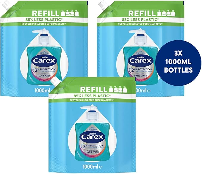 Carex 2 Hour Protection Antibacterial Original Hand Wash Refills Liquid Hand Soap Eco Refill for Homes Businesses Clean Protect Hands Bulk Buy Pack of 3 x 1 litre - Image 1