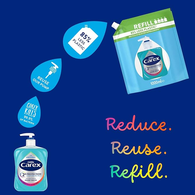 Carex 2 Hour Protection Antibacterial Original Hand Wash Refills Liquid Hand Soap Eco Refill for Homes Businesses Clean Protect Hands Bulk Buy Pack of 3 x 1 litre - Image 3