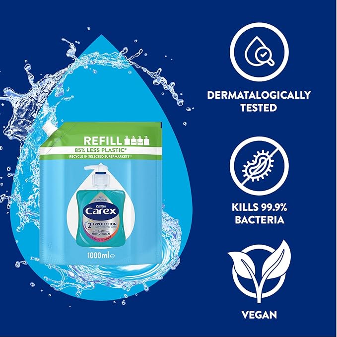 Carex 2 Hour Protection Antibacterial Original Hand Wash Refills Liquid Hand Soap Eco Refill for Homes Businesses Clean Protect Hands Bulk Buy Pack of 3 x 1 litre - Image 2