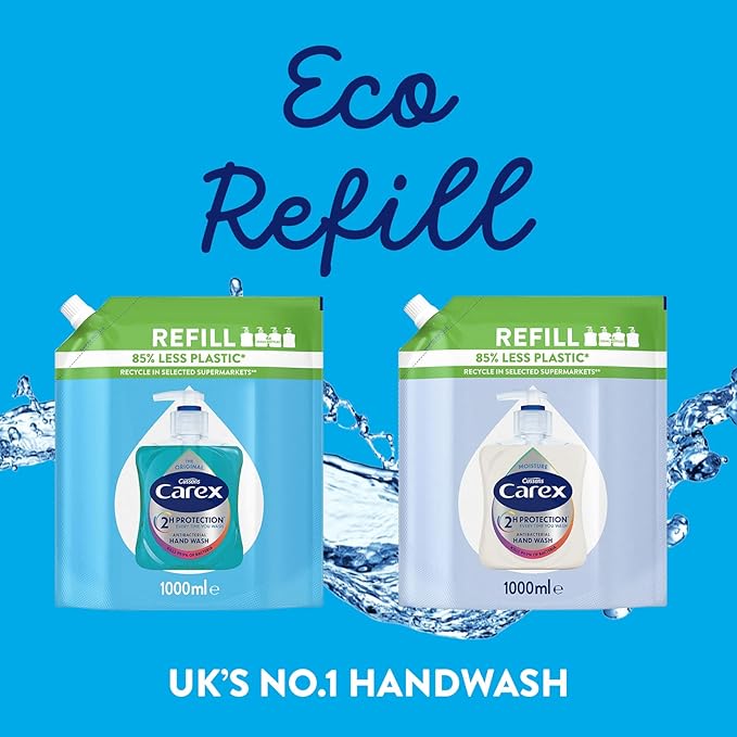 Carex 2 Hour Protection Antibacterial Original Hand Wash Refills Liquid Hand Soap Eco Refill for Homes Businesses Clean Protect Hands Bulk Buy Pack of 3 x 1 litre - Image 5