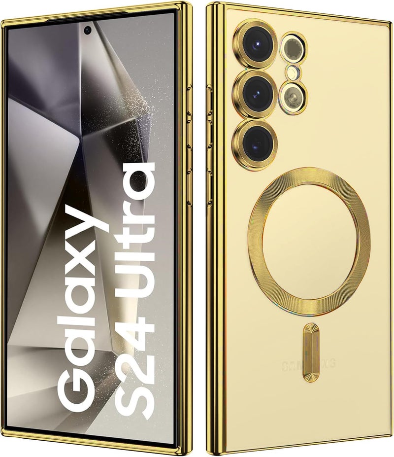 VONZEE Clear Logo Electroplating Transparent Case For Samsung Galaxy S24 Ultra 5G, Magnetic Plating [Support For MagSafe Charger] Electroplate Tpu Case Cover - Gold - Image 1