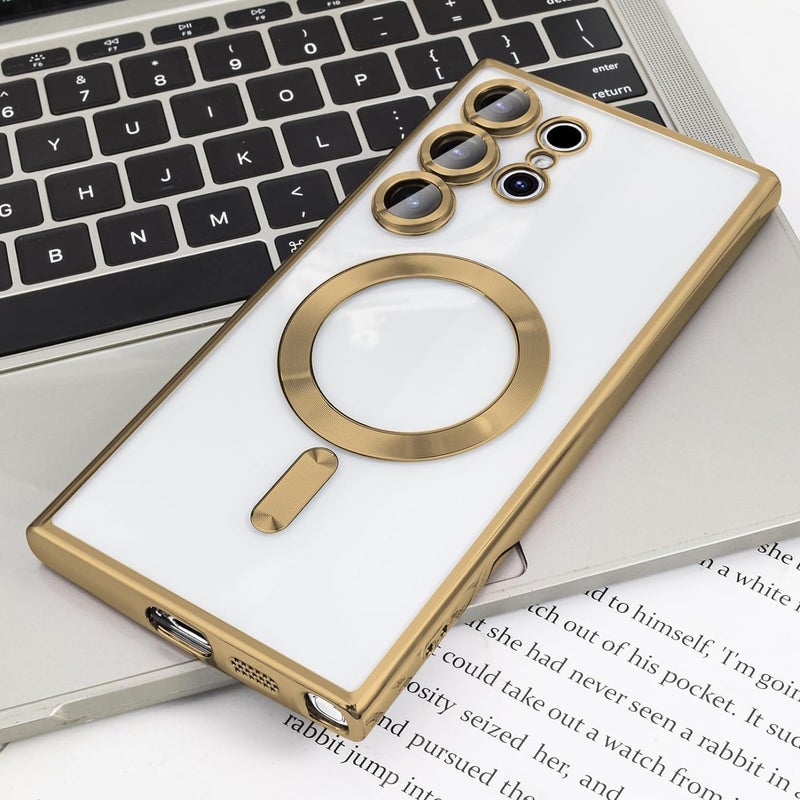 VONZEE Clear Logo Electroplating Transparent Case For Samsung Galaxy S24 Ultra 5G, Magnetic Plating [Support For MagSafe Charger] Electroplate Tpu Case Cover - Gold - Image 3