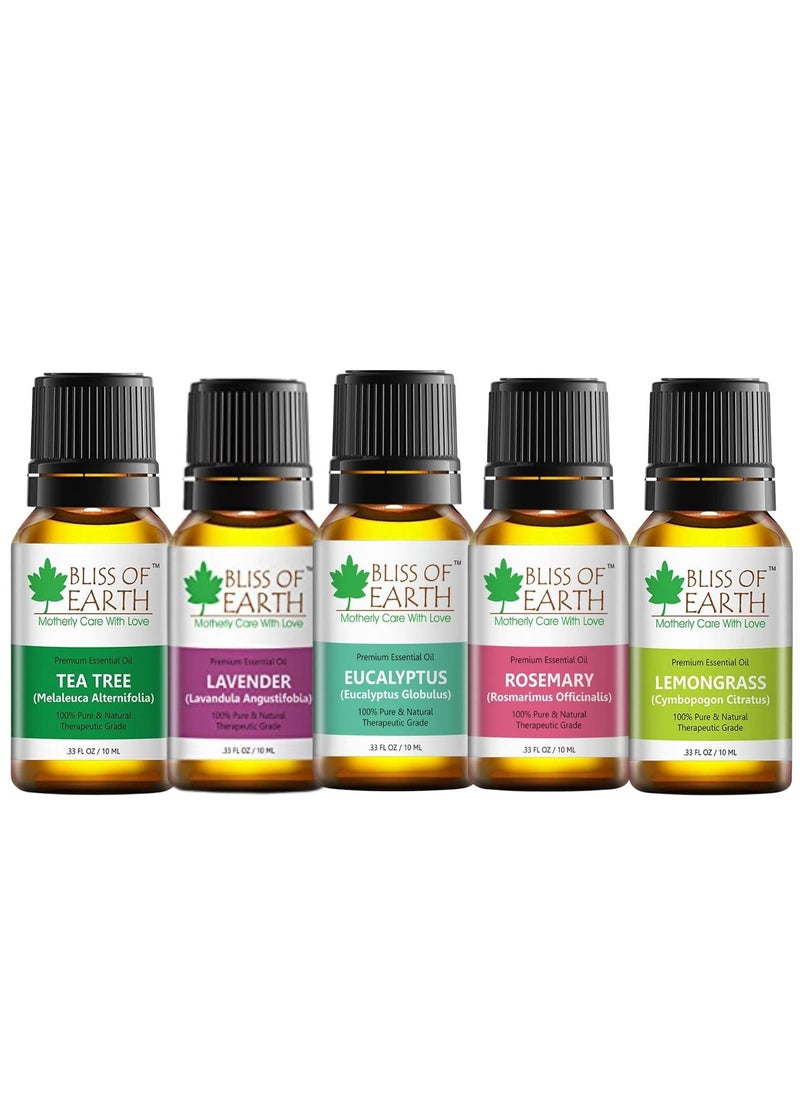 BLISS OF EARTH Bliss Of Earth Organic Natural  Australian Tea Tree Lavender Eucalyptus Rosemary Lemongrass Essential Oil Therapeutic Grade 10ml Combo Pack of 5  - Image 1