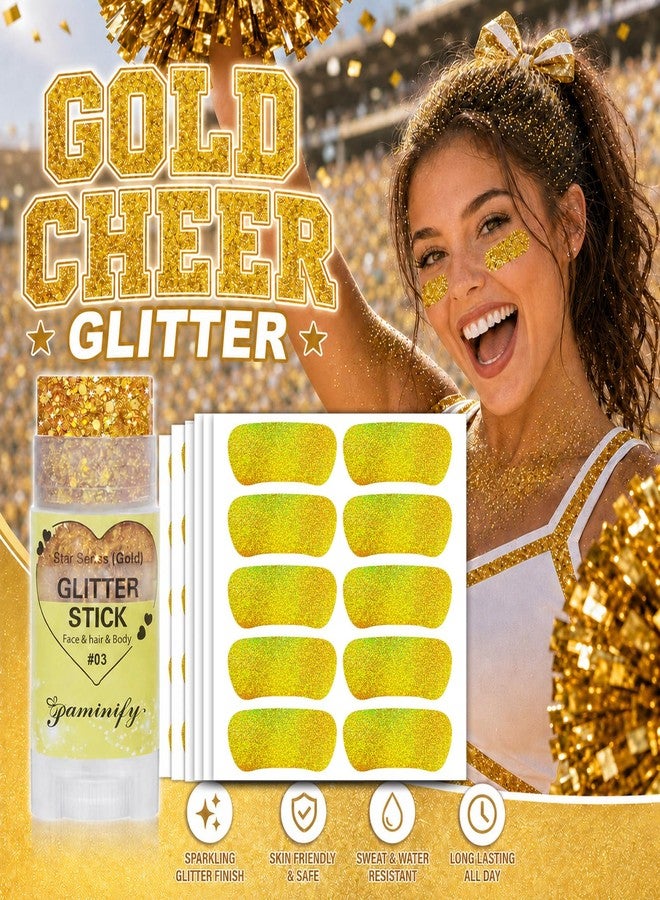 Paminify Gold Hair Glitter Stick and Eye Black Stickers Kit, 50 Pcs Waterproof Under Eye Stickers for Football Baseball Softball Cheer, Gold Face Body Glitter, Gold Spirit Accessories - Image 2