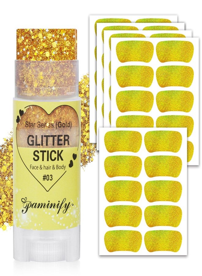 Paminify Gold Hair Glitter Stick and Eye Black Stickers Kit, 50 Pcs Waterproof Under Eye Stickers for Football Baseball Softball Cheer, Gold Face Body Glitter, Gold Spirit Accessories - Image 1