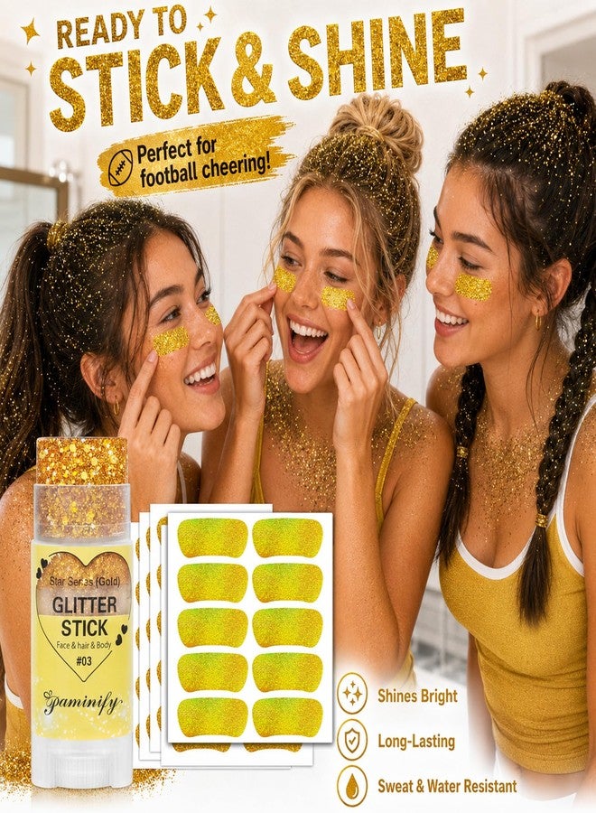 Paminify Gold Hair Glitter Stick and Eye Black Stickers Kit, 50 Pcs Waterproof Under Eye Stickers for Football Baseball Softball Cheer, Gold Face Body Glitter, Gold Spirit Accessories - Image 4