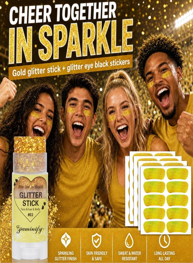 Paminify Gold Hair Glitter Stick and Eye Black Stickers Kit, 50 Pcs Waterproof Under Eye Stickers for Football Baseball Softball Cheer, Gold Face Body Glitter, Gold Spirit Accessories - Image 5