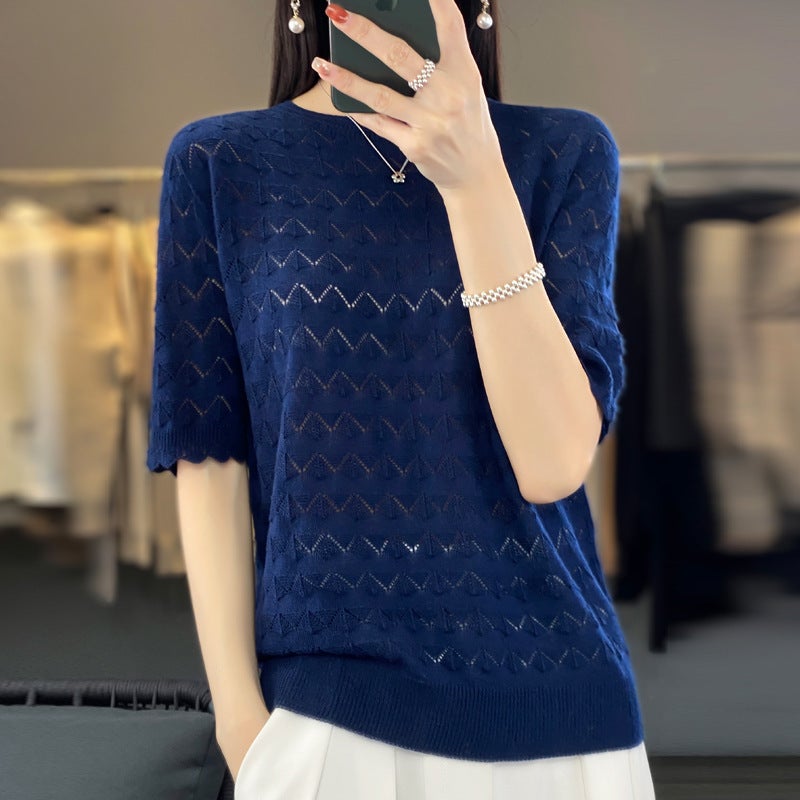 Z-Line Ready-To-Wear Fine Wool Short-Sleeve T-Shirt For Women, New Summer Style, Round Neck, Hollow-Out, Thin Top, Stylish Base Shirt - Image 1