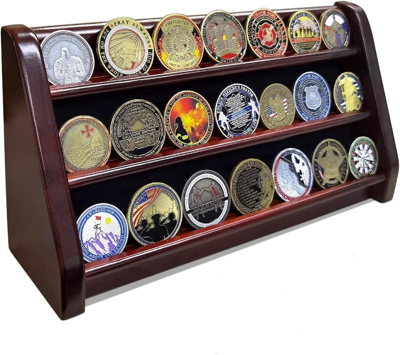 ASmileIndeep 3 Rows Wooden Challenge Coin Wall Display Stand - Military Coin Holder Army Coins Rack, Holds 21-24 Coins, Mahogany - Image 1