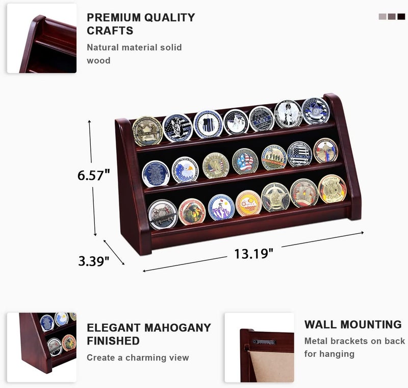 ASmileIndeep 3 Rows Wooden Challenge Coin Wall Display Stand - Military Coin Holder Army Coins Rack, Holds 21-24 Coins, Mahogany - Image 2