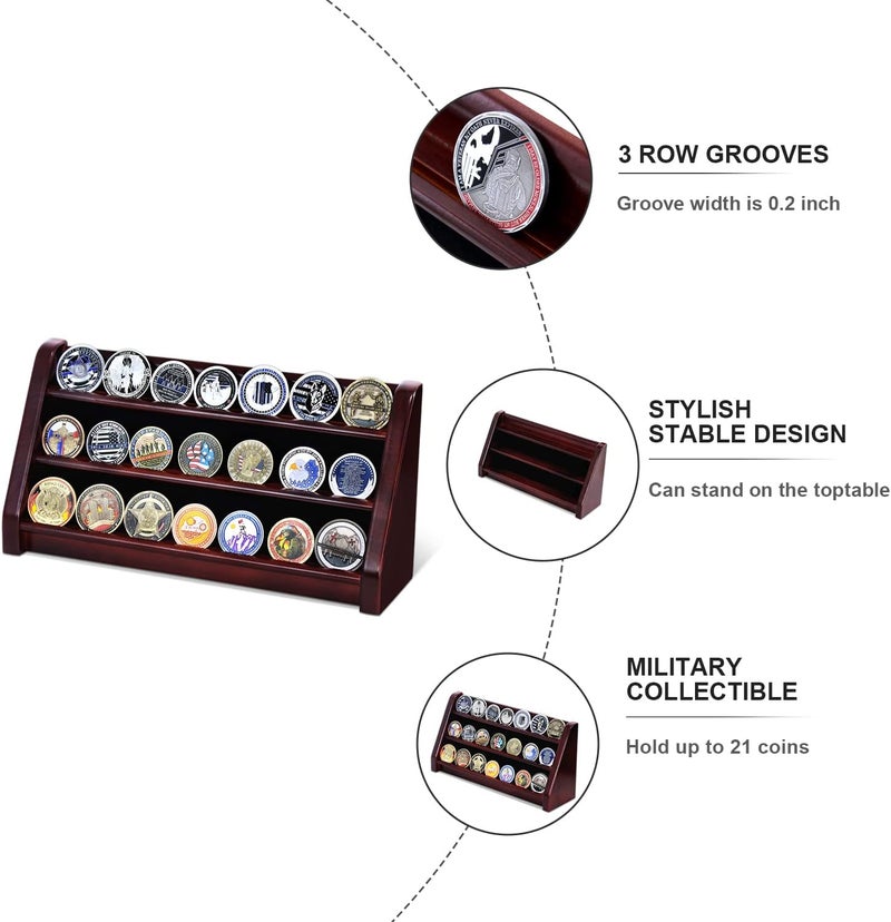 ASmileIndeep 3 Rows Wooden Challenge Coin Wall Display Stand - Military Coin Holder Army Coins Rack, Holds 21-24 Coins, Mahogany - Image 3