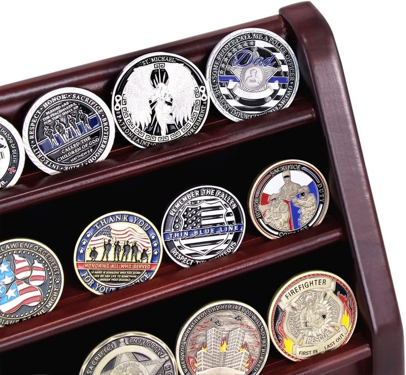 ASmileIndeep 3 Rows Wooden Challenge Coin Wall Display Stand - Military Coin Holder Army Coins Rack, Holds 21-24 Coins, Mahogany - Image 5