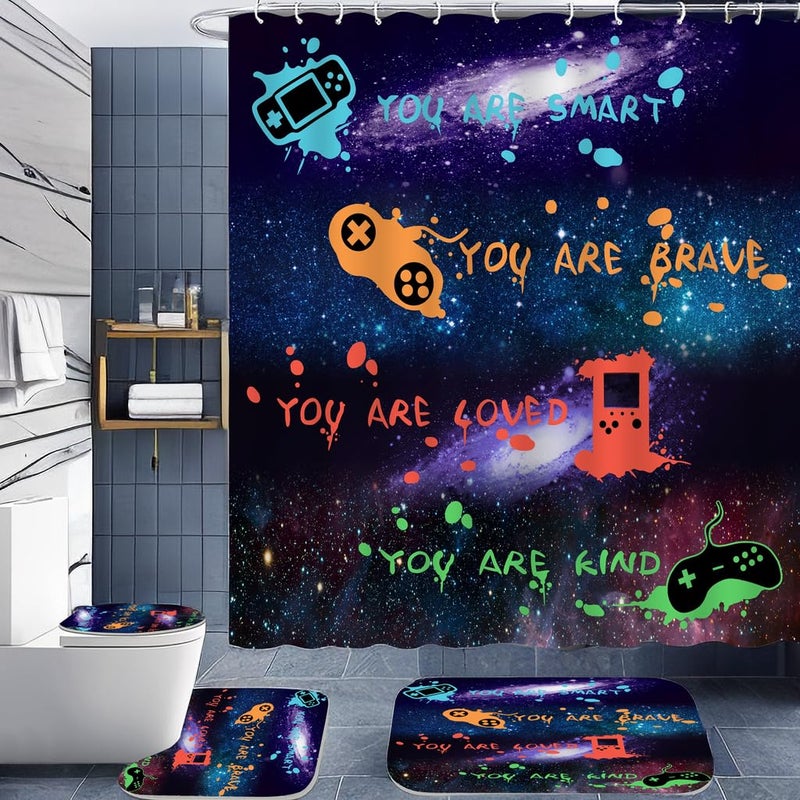 ALEXEX 4 PCS Gaming Shower Curtain Set,Gamer Gaming Bathroom Sets with Gamepad Bath Rugs Toilet Lid Cover,Starry Sky Blue Gaming Shower Curtain Home Decor Waterproof Washable with 12 Hooks，72x72 inch - Image 1