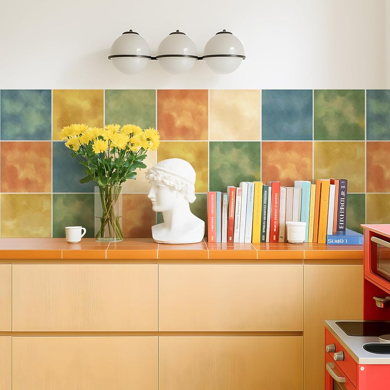 Alwayspon 20x20cmx25Pcs Self Adhesive Vinyl Waterproof Splashback Tiles Sticker, Peel and Stick Tile Transfer Sticker for Bathroom Kitchen Floor Wall, Green Blue Orange Yellow - Image 3