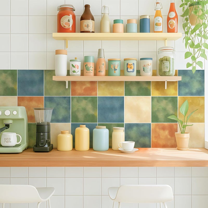 Alwayspon 20x20cmx25Pcs Self Adhesive Vinyl Waterproof Splashback Tiles Sticker, Peel and Stick Tile Transfer Sticker for Bathroom Kitchen Floor Wall, Green Blue Orange Yellow - Image 1