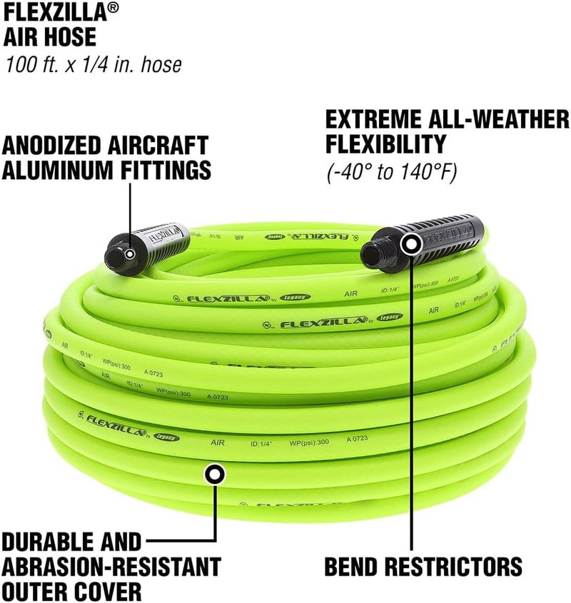 Flexzilla Air Hose, 1/4 in. x 100 ft., 1/4 in. MNPT Fittings, Heavy Duty, Lightweight, Hybrid, ZillaGreen - HFZ14100YW2 - Image 3
