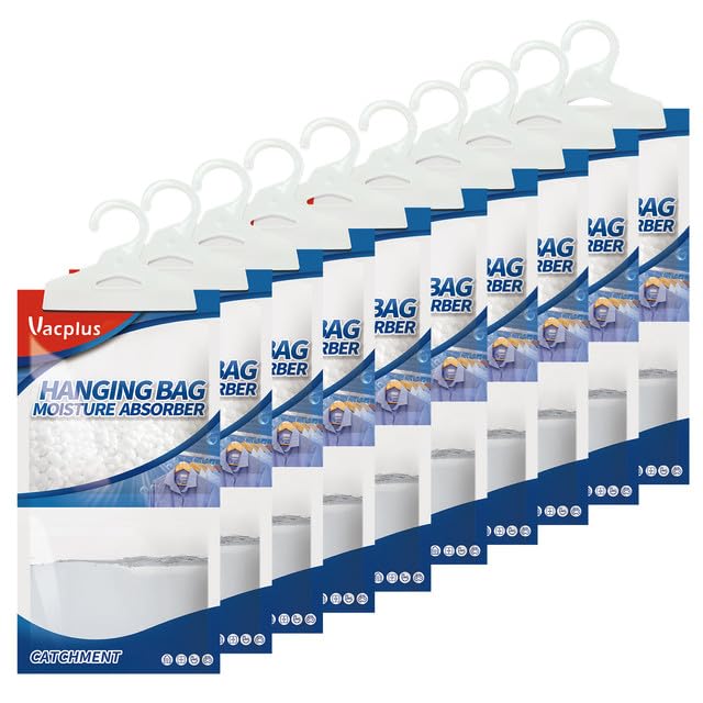 Vacplus Moisture Absorbers Packets Fragrance Free 10 Pack Humidity Packs Dessicant Packets Hanging Closet Dehumidifier Bags Odor Eliminator for Bathroom 98OZ