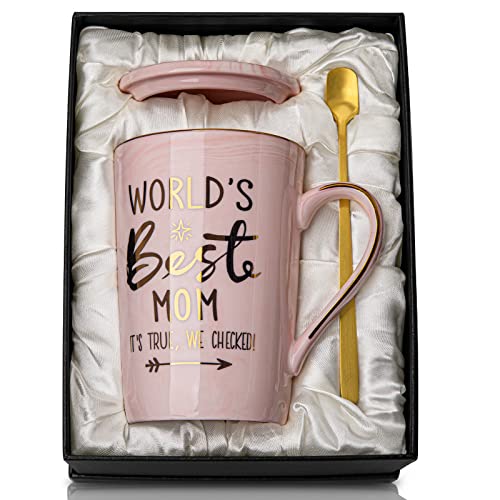 ALBISS Birthday Gifts for Mom from Daughter Son - 14Oz Funny Best Mom Mug with Gold Print, Unique Pink Marble Coffee Cup with Lid Spoon Greeting Card, New Moms Christmas Day Gift Ideas, Luxury Gift-Boxed Set - Image 1