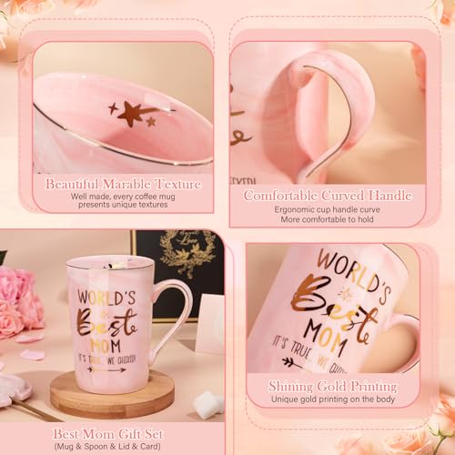 ALBISS Birthday Gifts for Mom from Daughter Son - 14Oz Funny Best Mom Mug with Gold Print, Unique Pink Marble Coffee Cup with Lid Spoon Greeting Card, New Moms Christmas Day Gift Ideas, Luxury Gift-Boxed Set - Image 4