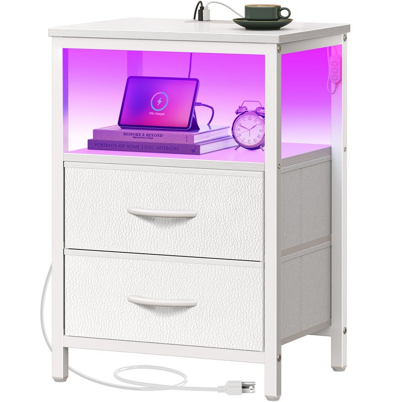Huuger Night Stand with Charger Station and LED Lights, 2 Drawer Nightstand, Bed Side Table with Open Shelf, End Table, Fabric Dresser for Bedroom, PU Leather, White - Image 1