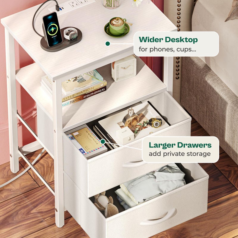 Huuger Night Stand with Charger Station and LED Lights, 2 Drawer Nightstand, Bed Side Table with Open Shelf, End Table, Fabric Dresser for Bedroom, PU Leather, White - Image 5