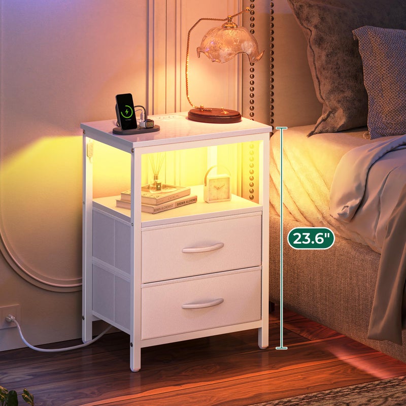 Huuger Night Stand with Charger Station and LED Lights, 2 Drawer Nightstand, Bed Side Table with Open Shelf, End Table, Fabric Dresser for Bedroom, PU Leather, White - Image 2