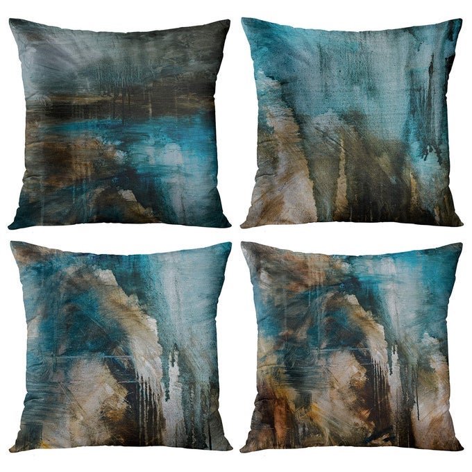 SET OF 4 THROW PILLOW COVERS MODERN ABSTRACT MESSY TEAL TURQUOISE BLACK AND BROWN RETRO PAINTING DECORATIVE PILLOW CASES HOME DECOR STANDARD SQUARE 18X18 INCHES PILLOWCASES